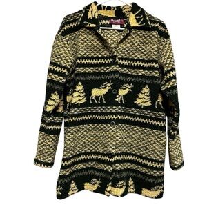VTG Denim & Co Jeanswear Green Cream Moose Tree Fair Isle Nordic Fleece Jacket